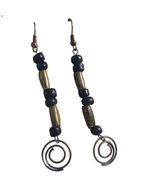 Handcrafted Dangle Earrings Beaded Long Hook Lightweight Spiral Boho Beach Core